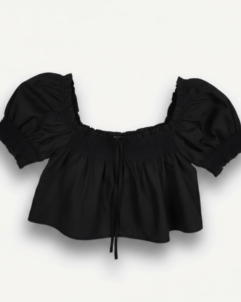Forever 21 Black Smocked Puff Sleeve Peplum Crop Top SZ M Bow Detail Layering 🎀